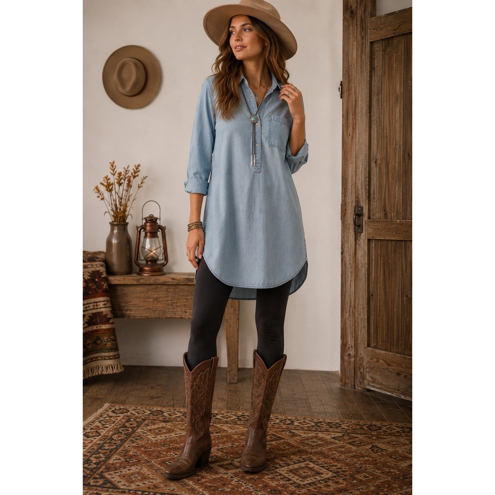 Old Navy Chambray Tunic Dress M Light Blue Lyocell Long Sleeve Boho‎ Western